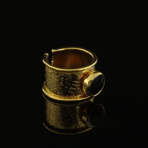 Handmade Carved Ring 24K Gold Finish with Onyx | inspired.jewelry