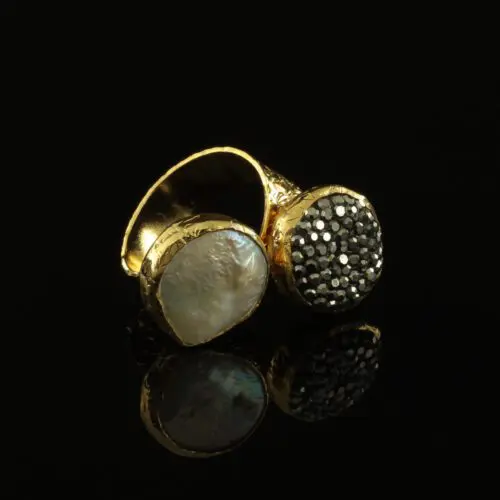 Handmade Carved Ring 24K Gold Finish with Pearl & Marcasite | inspired.jewelry