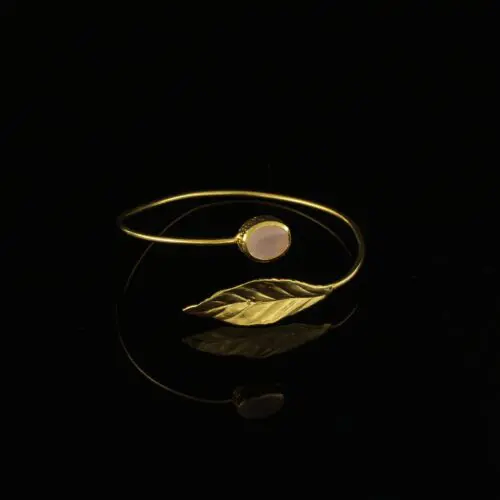 Handmade Leaf Bracelet 24K Gold Finish with Light Pink Quartz | Sensations