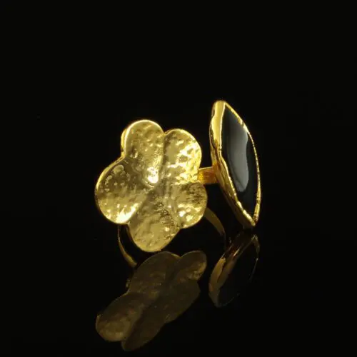 Handmade Leaf Ring 24K Gold Finish with Onyx | inspired.jewelry