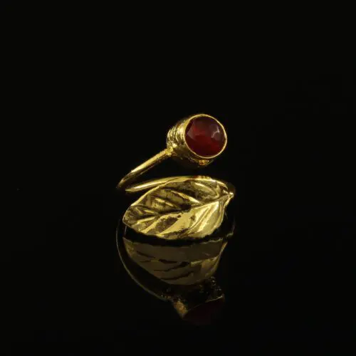 Handmade Leaf Ring 24K Gold Finish with Red Agate | inspired.jewelry