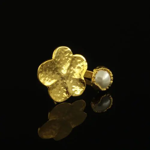 Handmade Leaf Ring 24K Gold Finish with Water Pearl | inspired.jewelry