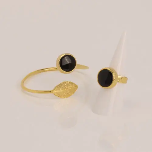 Handmade Jewelry Set Bracelet Ring Leaf with Onyx Gold Finish | Sensations Jewelry | inspired.jewelry