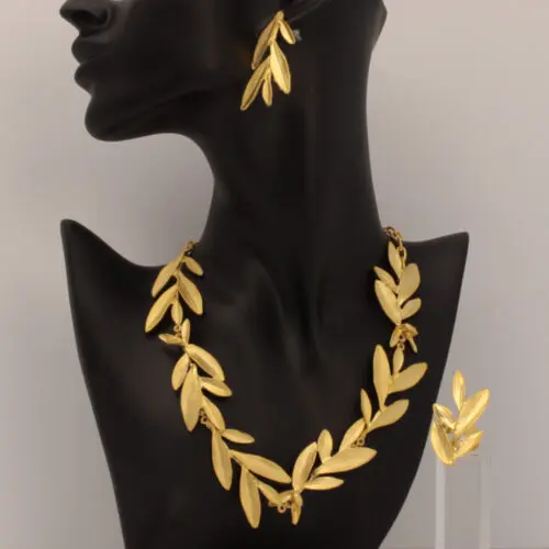 Jewelry Set Leaf Handmade Necklace Earrings Ring Gold Finish | Caryatid Jewelry | inspired.jewelry