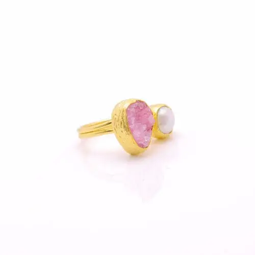 Women's Ring with Rose Quartz & Baroque Water Pearl Handmade Gold Finish | Divine Jewelry | inspired.jewelry