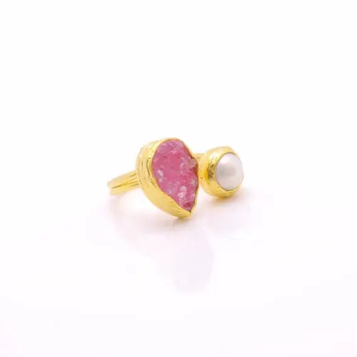 Women's Ring with Rose Quartz & Baroque Water Pearl Handmade Gold Finish | Divine Jewelry | inspired.jewelry