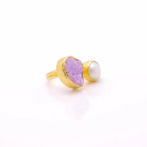 Women's Ring with Amethyst & Baroque Water Pearl Handmade Gold Finish | Divine Jewelry | inspired.jewelry