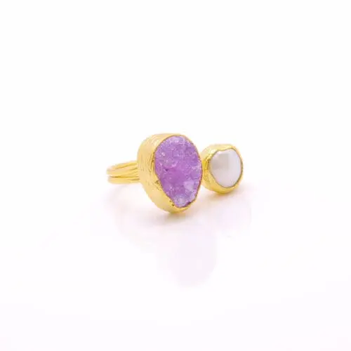 Women's Ring with Amethyst & Baroque Water Pearl Handmade Gold Finish | Divine Jewelry | inspired.jewelry