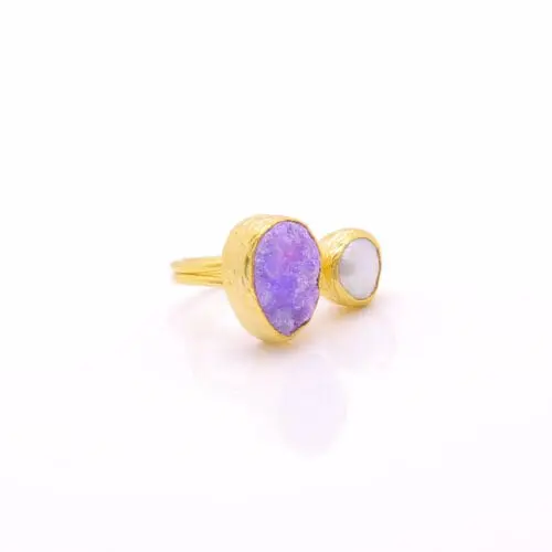 Women's Ring with Amethyst & Baroque Water Pearl Handmade Gold Finish | Divine Jewelry | inspired.jewelry