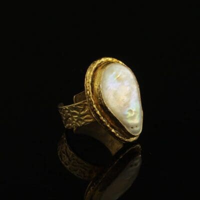 Handmade Carved Ring 24K Gold Finish with Baroque Water Pearl | inspired.jewelry