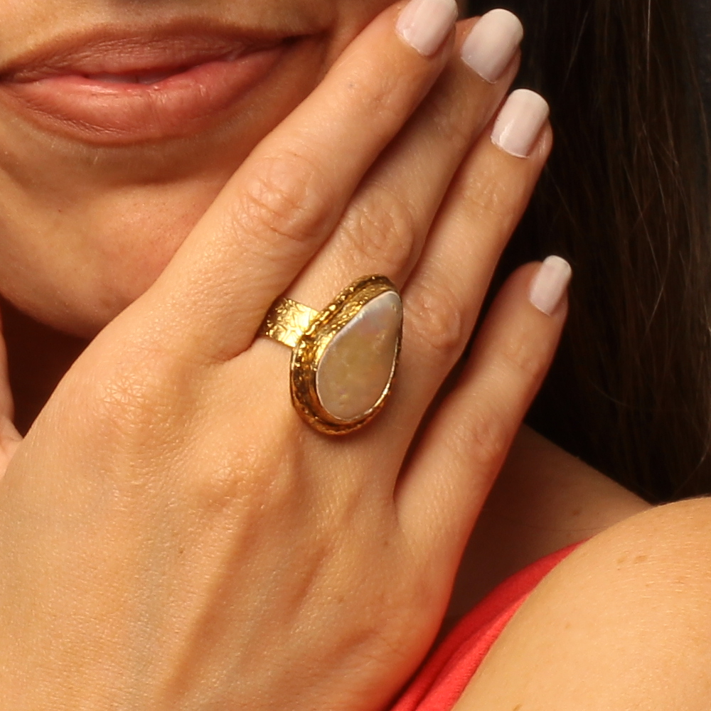 Handmade Carved Ring 24K Gold Finish with Baroque Water Pearl | inspired.jewelry