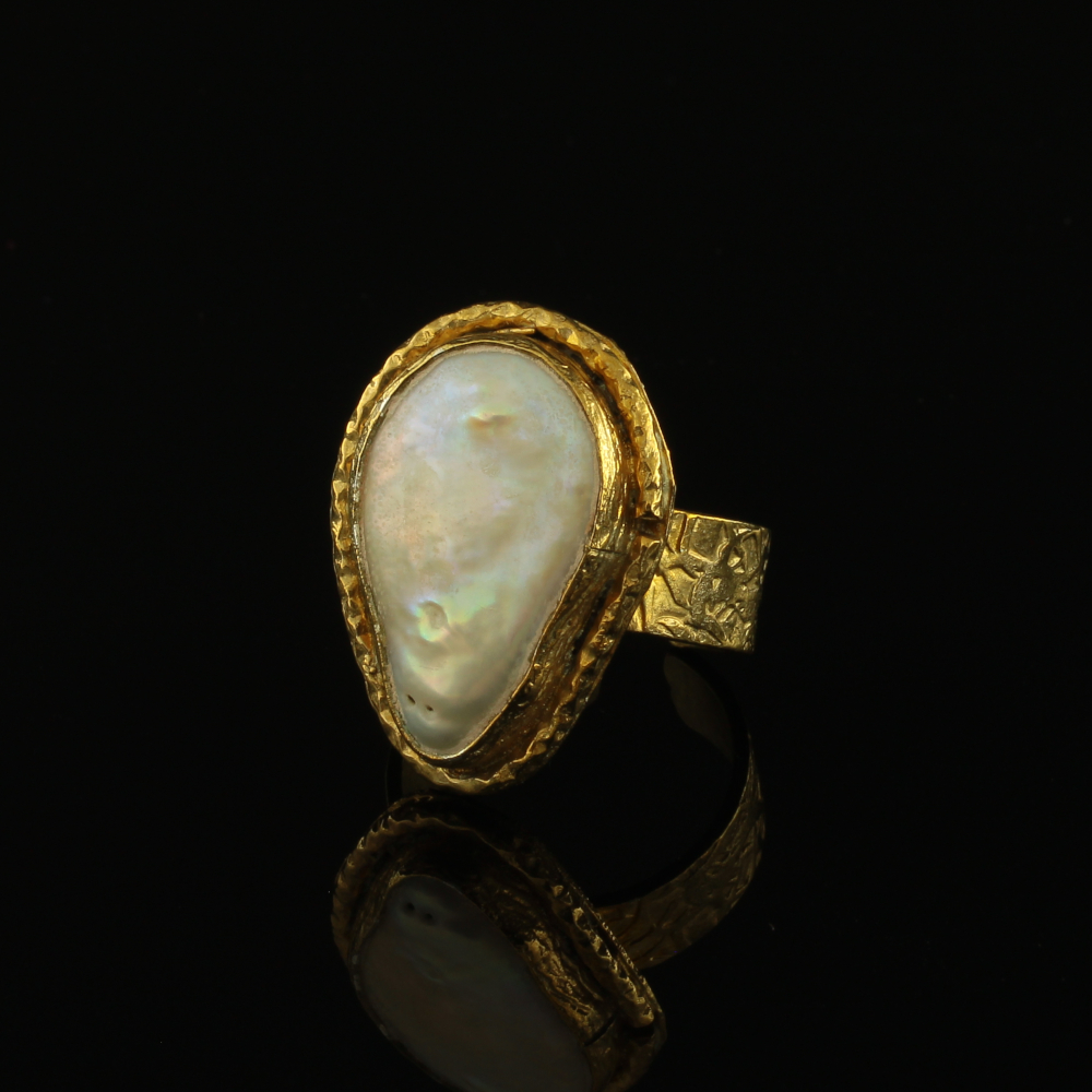 Handmade Carved Ring 24K Gold Finish with Baroque Water Pearl | inspired.jewelry