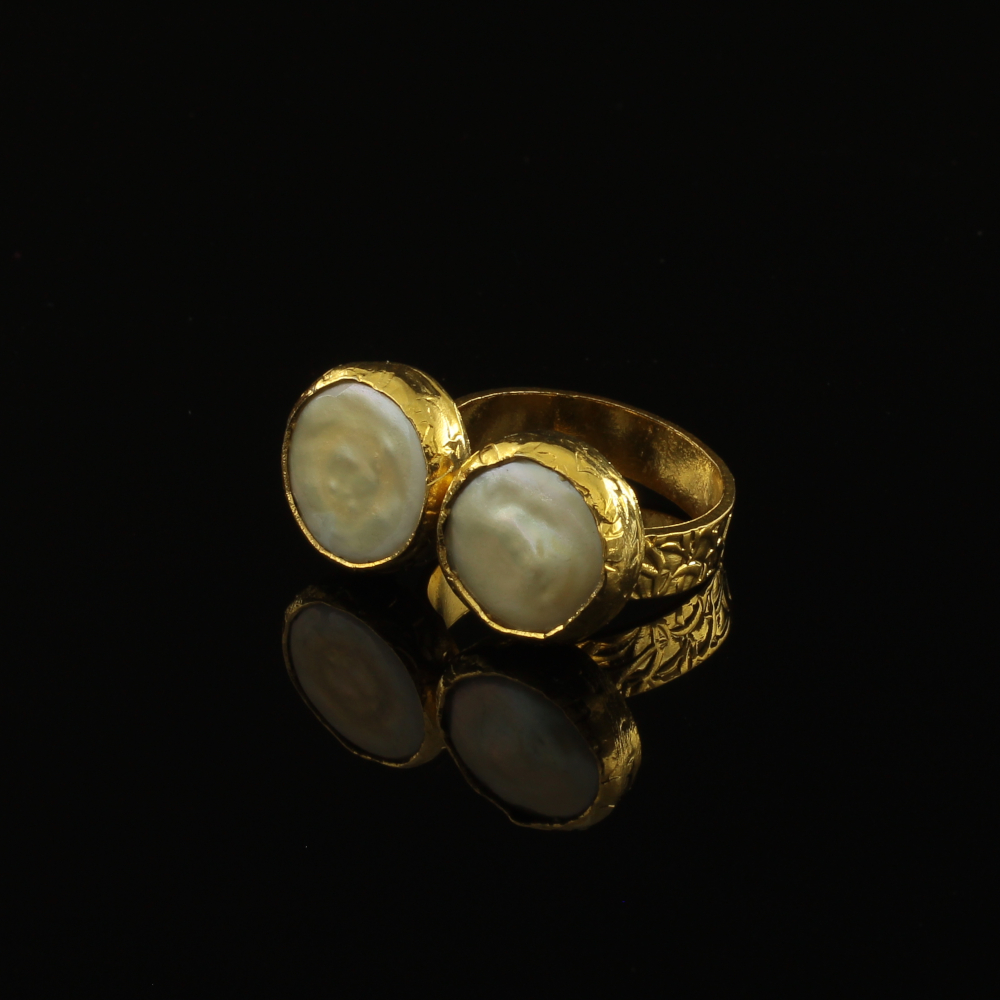 Handmade Carved Ring 24K Gold Finish with Mother of Pearl | inspired.jewelry