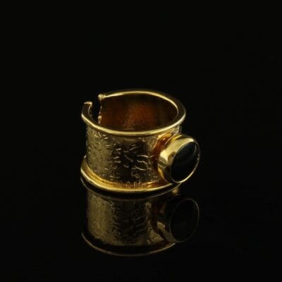 Handmade Carved Ring 24K Gold Finish with Onyx | inspired.jewelry