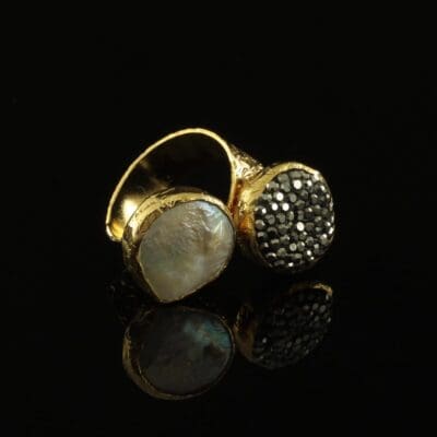 Handmade Carved Ring 24K Gold Finish with Pearl & Marcasite | inspired.jewelry