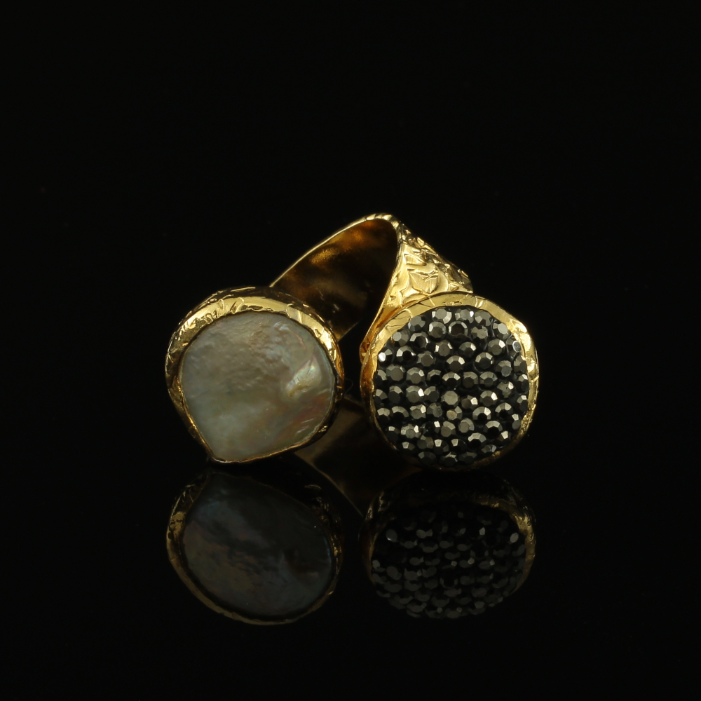 Handmade Carved Ring 24K Gold Finish with Pearl & Marcasite | inspired.jewelry