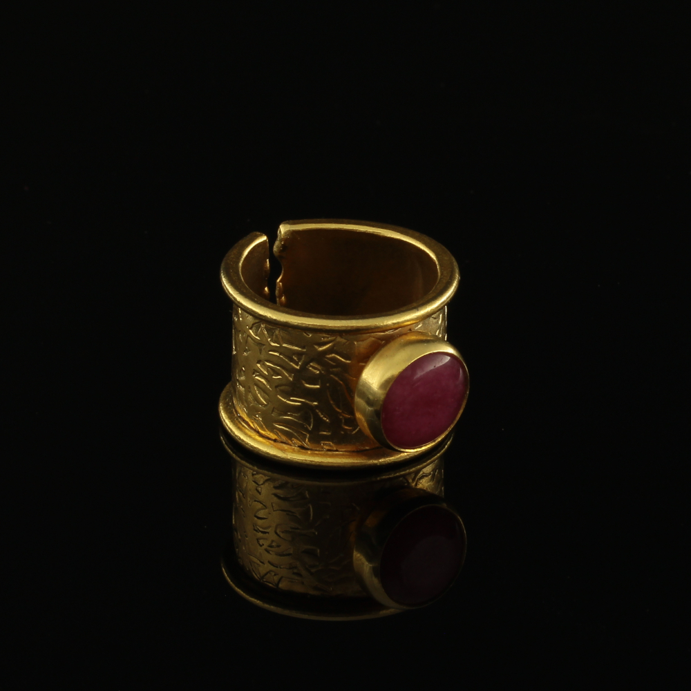Handmade Carved Ring 24K Gold Finish with Pink Agate | inspired.jewelry