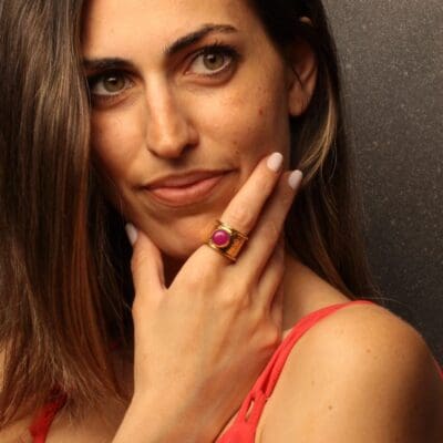 Handmade Carved Ring 24K Gold Finish with Pink Agate | inspired.jewelry
