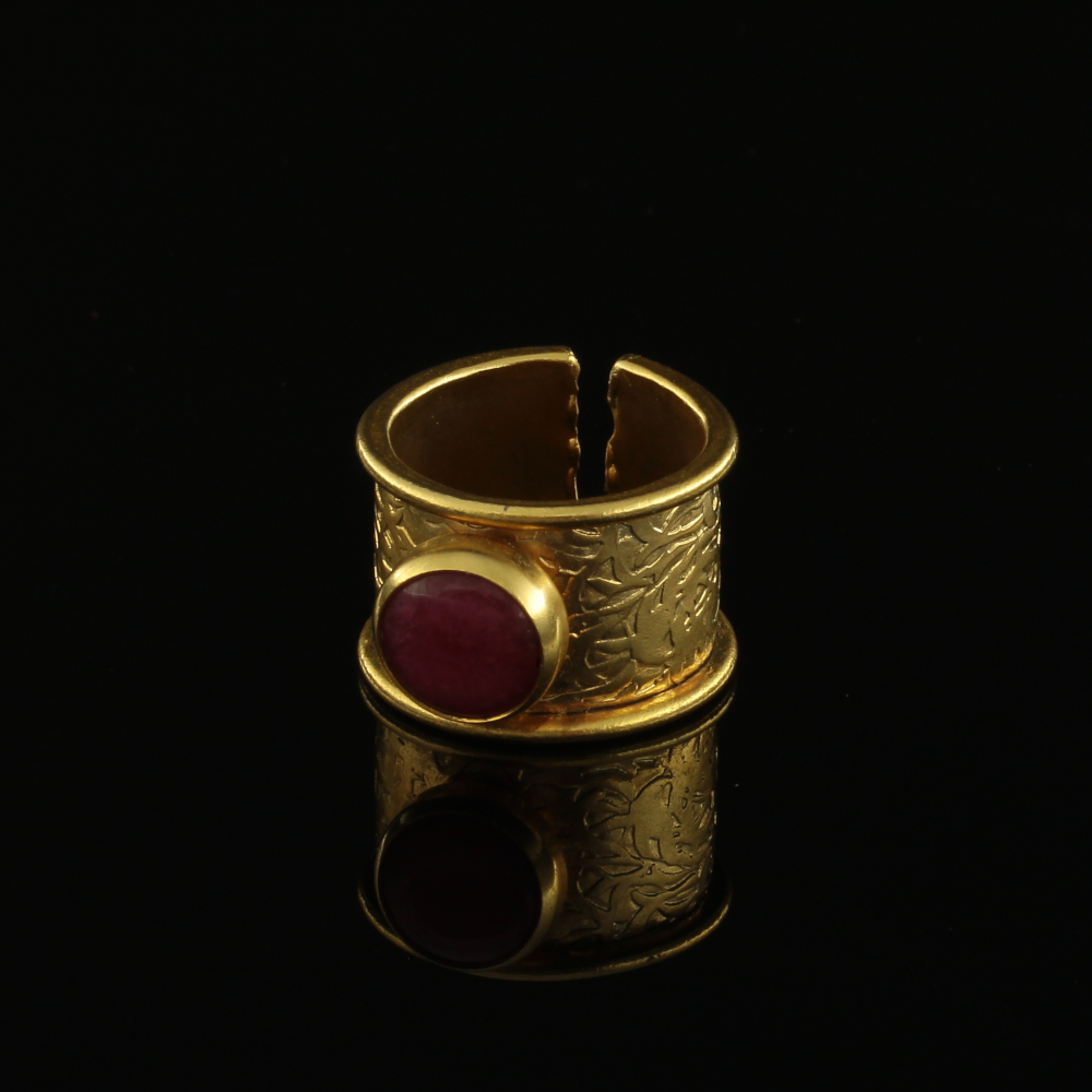 Handmade Carved Ring 24K Gold Finish with Pink Agate | inspired.jewelry