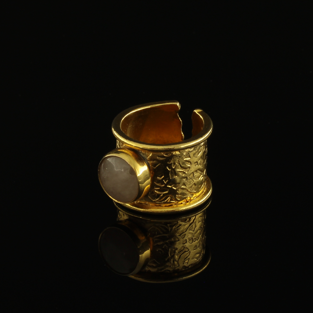 Handmade Carved Ring 24K Gold Finish with White Agate | inspired.jewelry
