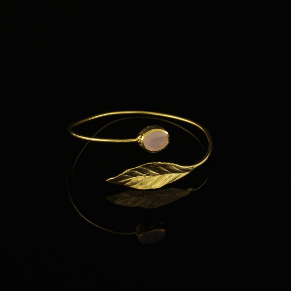 Handmade Leaf Bracelet 24K Gold Finish with Light Pink Quartz | Sensations