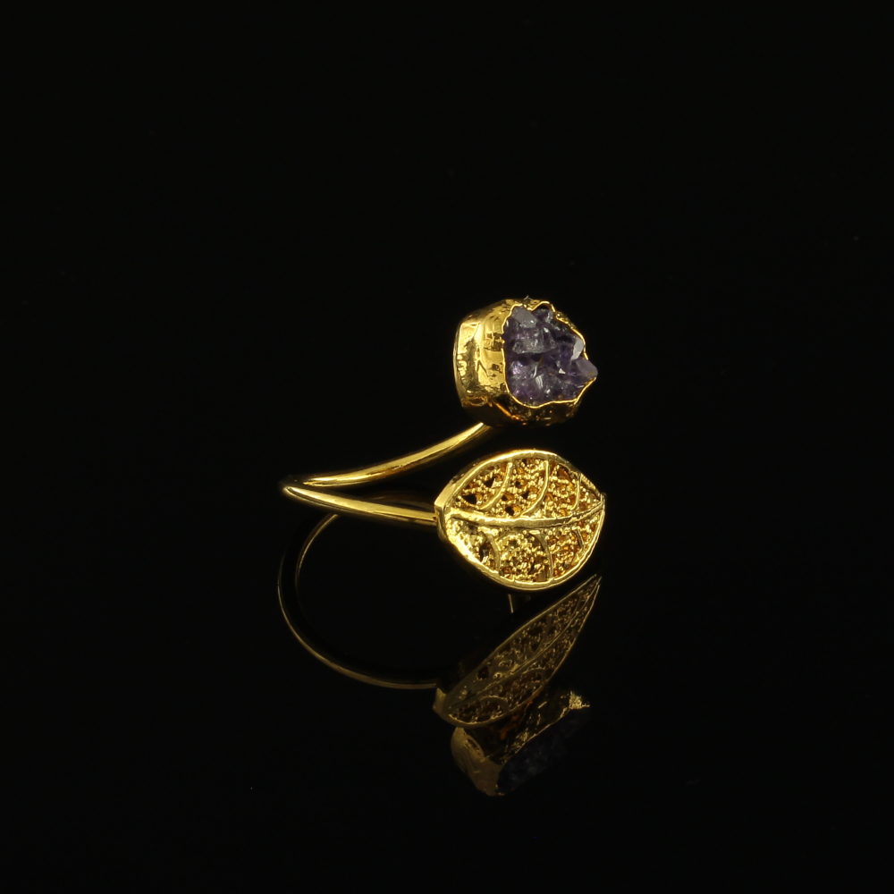Handmade Leaf Ring 24K Gold Finish with Amethyst Chips | inspired.jewelry
