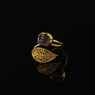 Handmade Leaf Ring 24K Gold Finish with Amethyst Chips | inspired.jewelry
