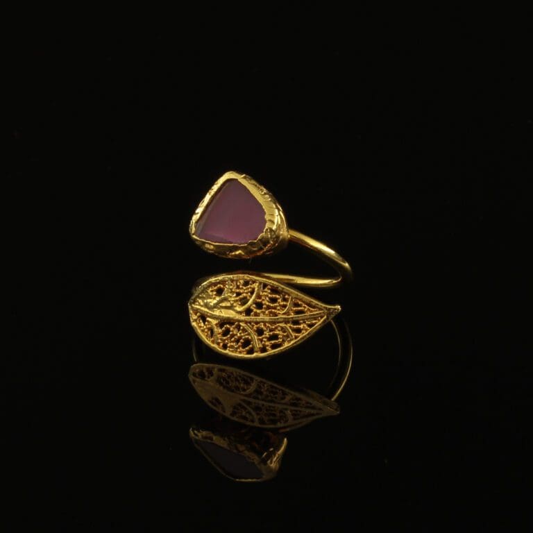 Handmade Leaf Ring 24K Gold Finish with Amethyst | inspired.jewelry