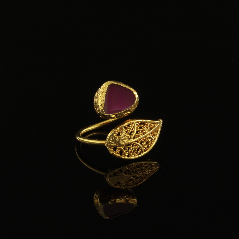 Handmade Leaf Ring 24K Gold Finish with Amethyst | inspired.jewelry