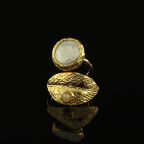 Handmade Leaf Ring 24K Gold Finish with Baroque Water Pearl | inspired.jewelry