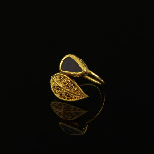 Handmade Leaf Ring 24K Gold Finish with Blue Agate | inspired.jewelry