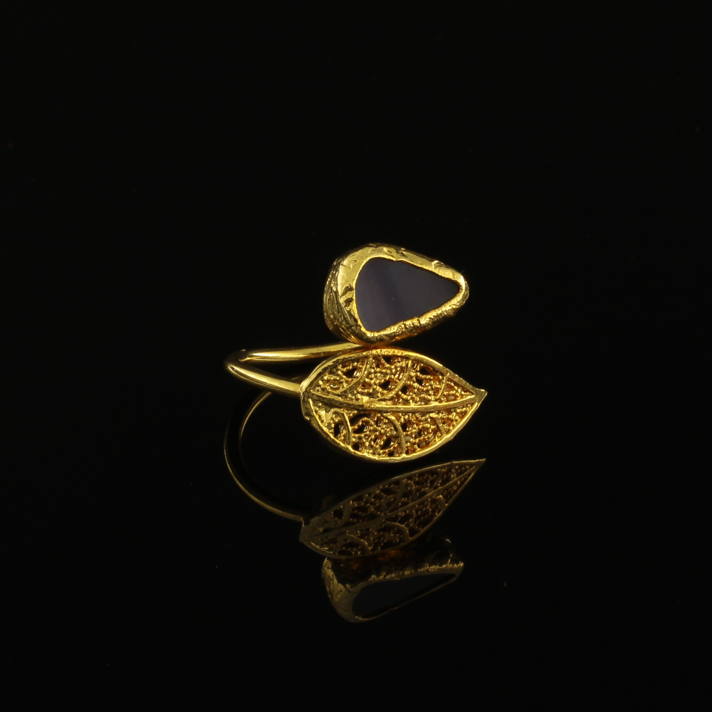 Handmade Leaf Ring 24K Gold Finish with Blue Agate | inspired.jewelry