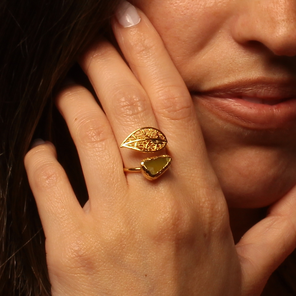 Handmade Leaf Ring 24K Gold Finish with Citrine Stone | inspired.jewelry