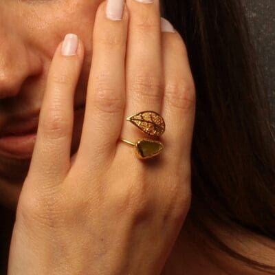 Handmade Leaf Ring 24K Gold Finish with Citrine Stone | inspired.jewelry