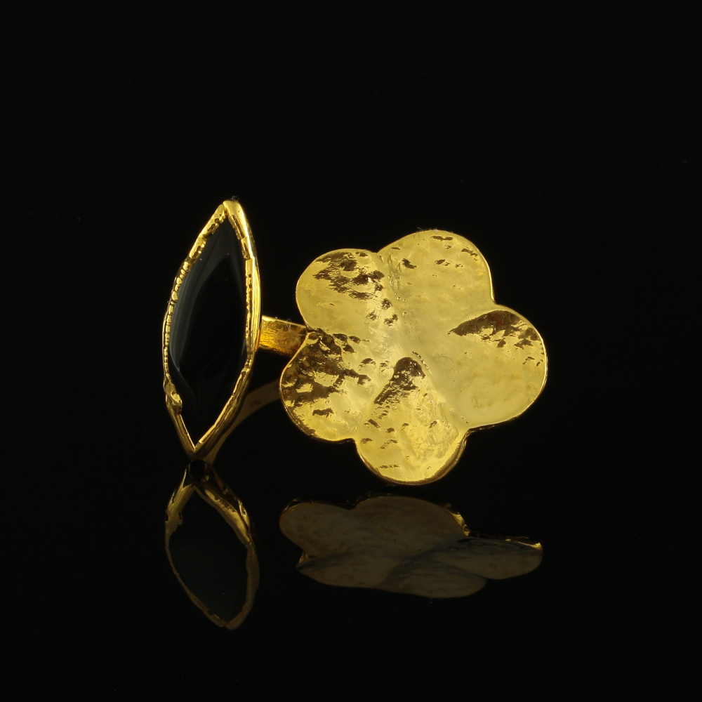 Handmade Leaf Ring 24K Gold Finish with Onyx | inspired.jewelry