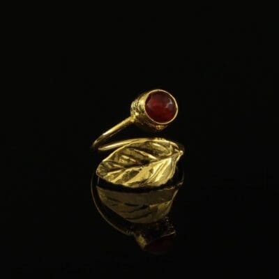 Handmade Leaf Ring 24K Gold Finish with Red Agate | inspired.jewelry