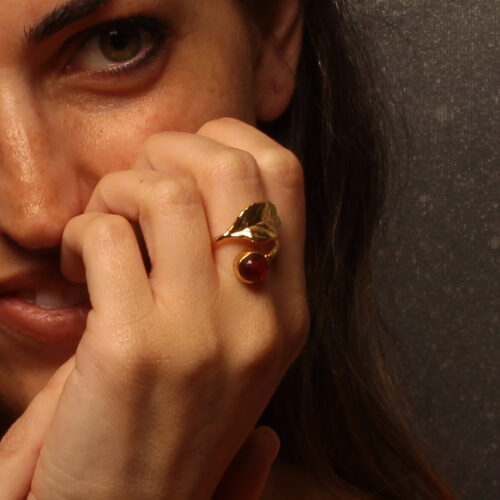 Handmade Leaf Ring 24K Gold Finish with Red Agate | inspired.jewelry