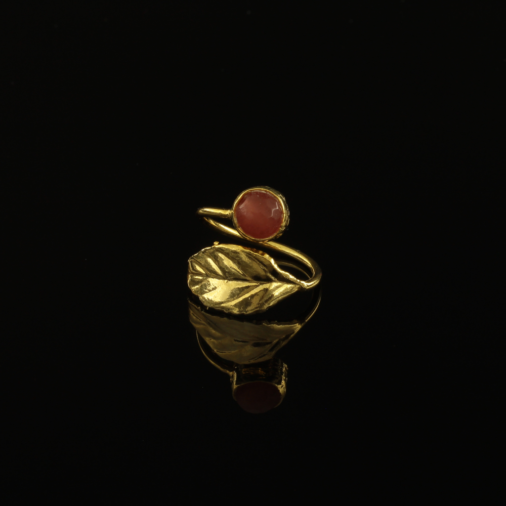 Handmade Leaf Ring 24K Gold Finish with Rhodonite| inspired.jewelry