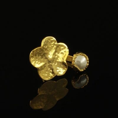 Handmade Leaf Ring 24K Gold Finish with Water Pearl | inspired.jewelry