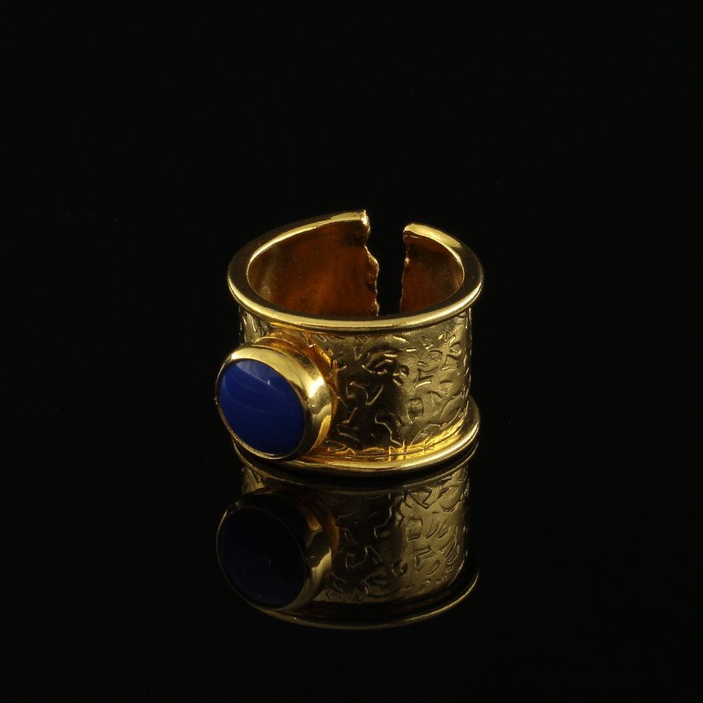 Handmade Carved Ring 24K Gold Finish with Lapis | inspired.jewelry