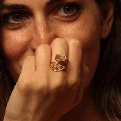 Handmade Leaf Ring 24K Gold Finish with Green Agate Chips| inspired.jewelry