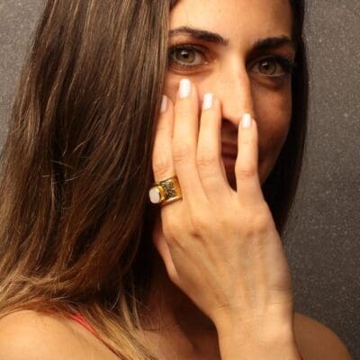 Handmade Carved Ring 24K Gold Finish with Mother of Pearl (Ivory) | inspired.jewelry