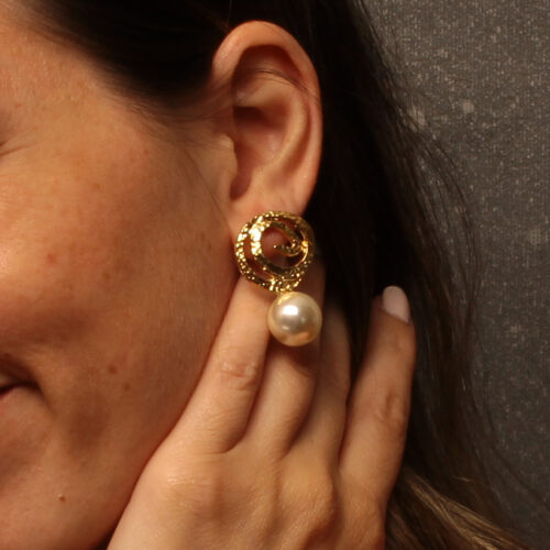 Handmade Forged Earrings with Pearl Gold Plated Glossy | inspired.jewelry
