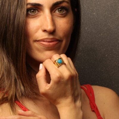 Handmade Carved Ring 24K Gold Finish with Turquoise Agate | inspired.jewelry