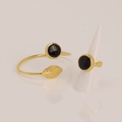 Handmade Jewelry Set Bracelet Ring Leaf with Onyx Gold Finish | Sensations Jewelry | inspired.jewelry