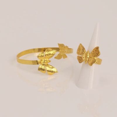 Jewelry Set Butterfly Handmade Carved Bracelet Ring Gold Finish Glossy Glossy | Genesis Jewelry | inspired.jewelry