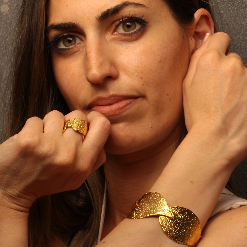 Jewelry Set Handmade Carved Bracelet Ring Gold Finish | Caryatid Jewelry | inspired.jewelry