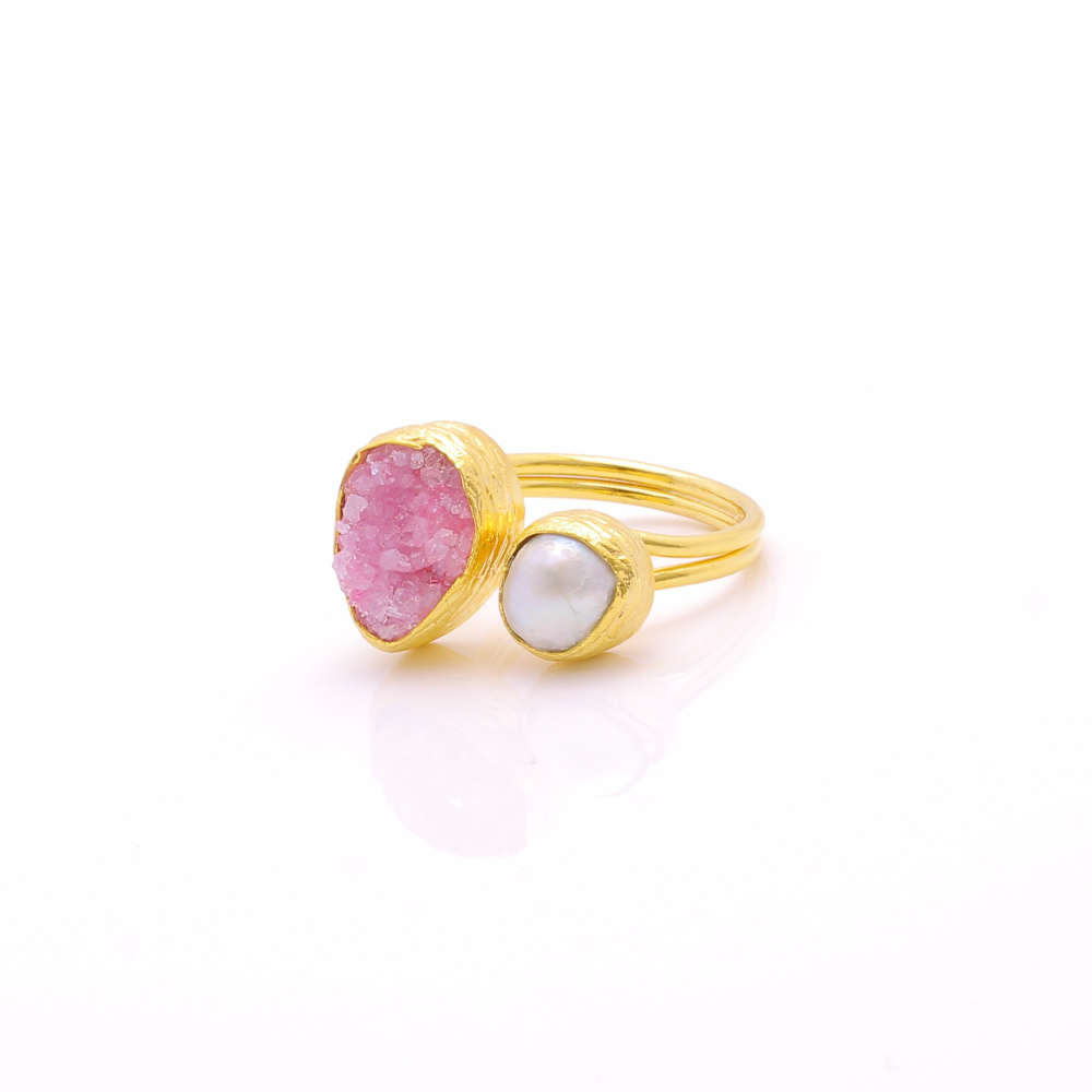 Women's Ring with Rose Quartz & Baroque Water Pearl Handmade Gold Finish | Divine Jewelry | inspired.jewelry