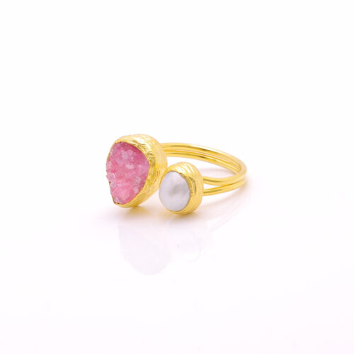 Women's Ring with Rose Quartz & Baroque Water Pearl Handmade Gold Finish | Divine Jewelry | inspired.jewelry