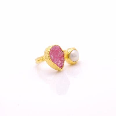 Women's Ring with Rose Quartz & Baroque Water Pearl Handmade Gold Finish | Divine Jewelry | inspired.jewelry